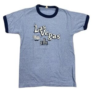 VTG 1980's Las Vegas Ringer T-shirt Mens‎ Small Blue Marled Soft Cotton Blend